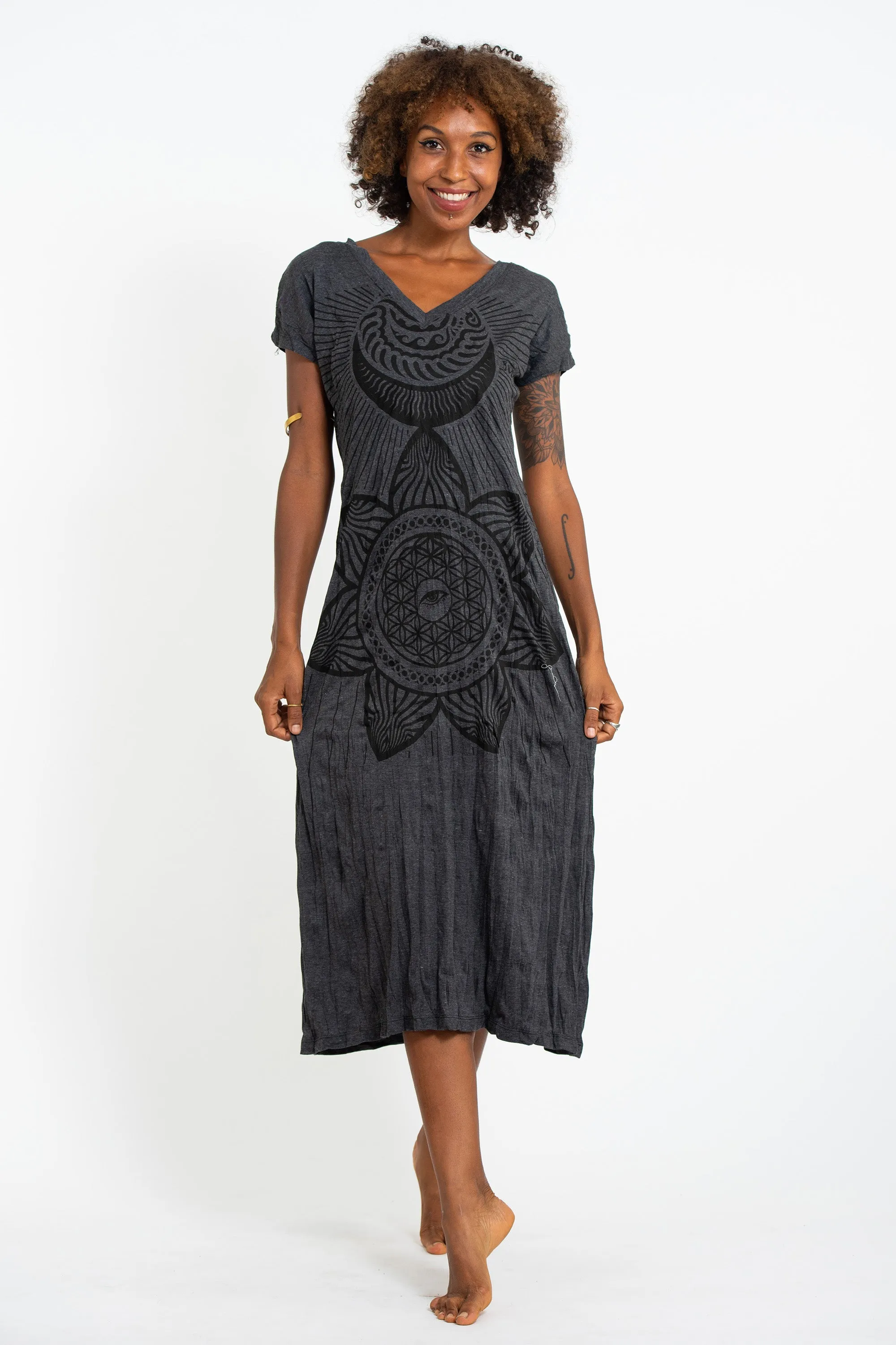 Womens Sacred Geometry Mandala V Neck Long Dress in Black