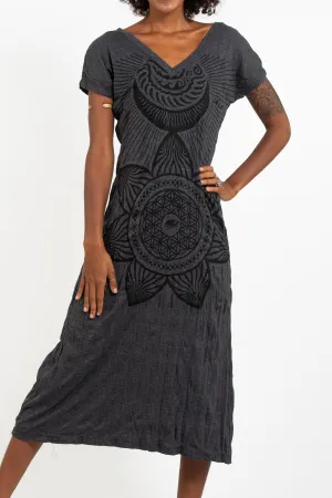 Womens Sacred Geometry Mandala V Neck Long Dress in Black