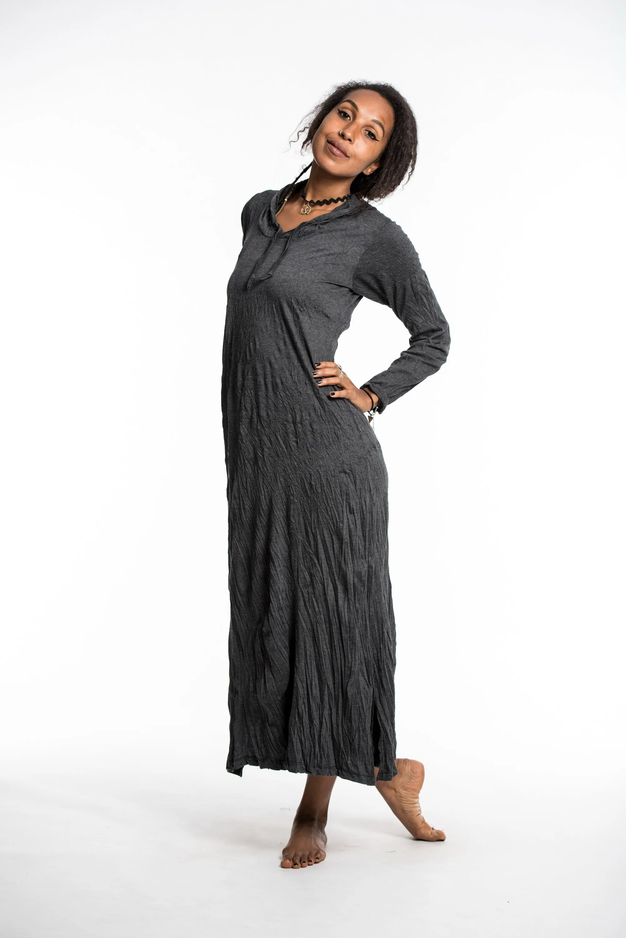 Womens Solid Color Long Hoodie Dress in Black
