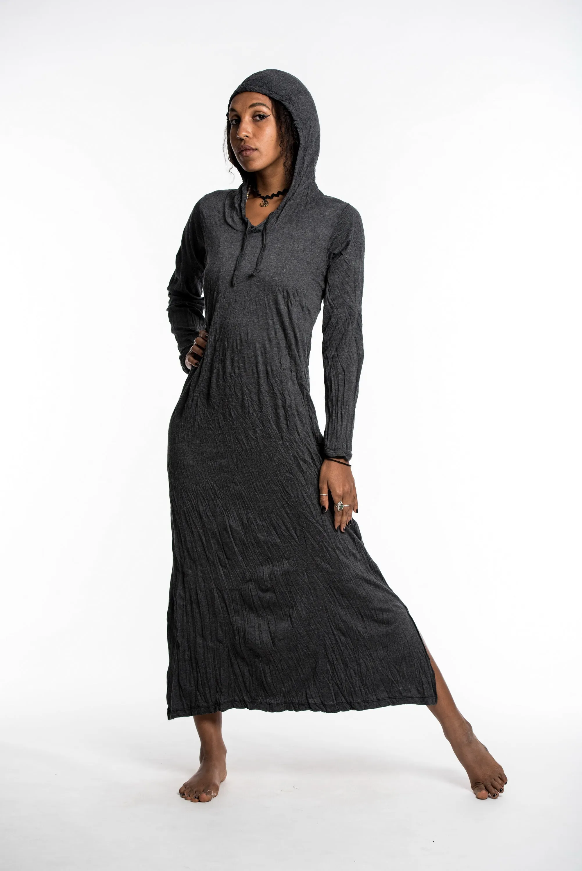Womens Solid Color Long Hoodie Dress in Black