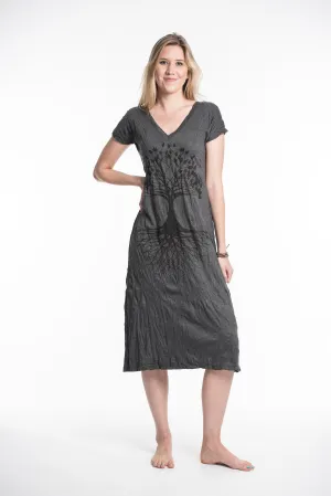 Womens Tree of Life V Neck Long Dress in Black