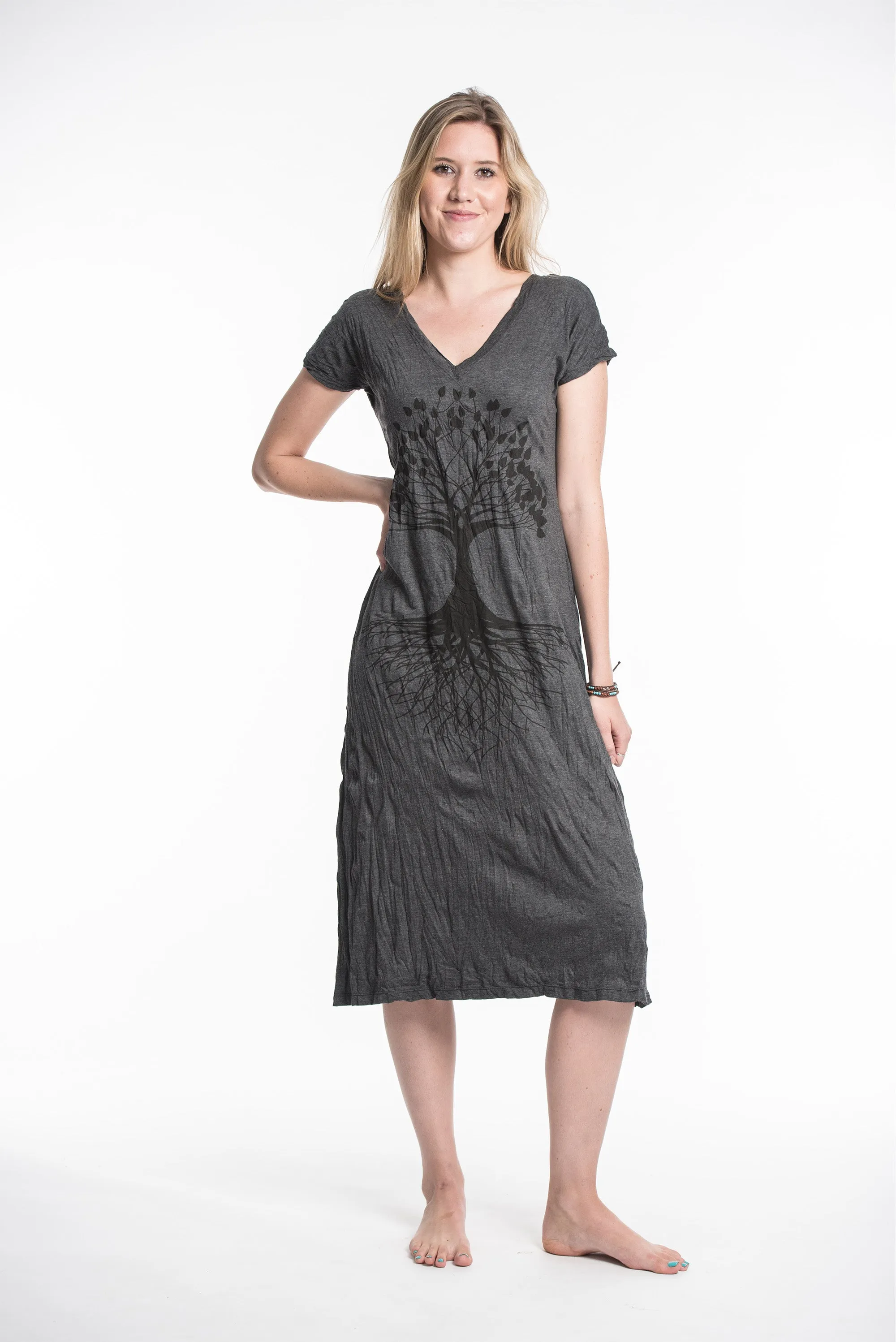 Womens Tree of Life V Neck Long Dress in Black
