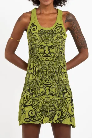 Womens Tribal Masks Tank Dress in Lime