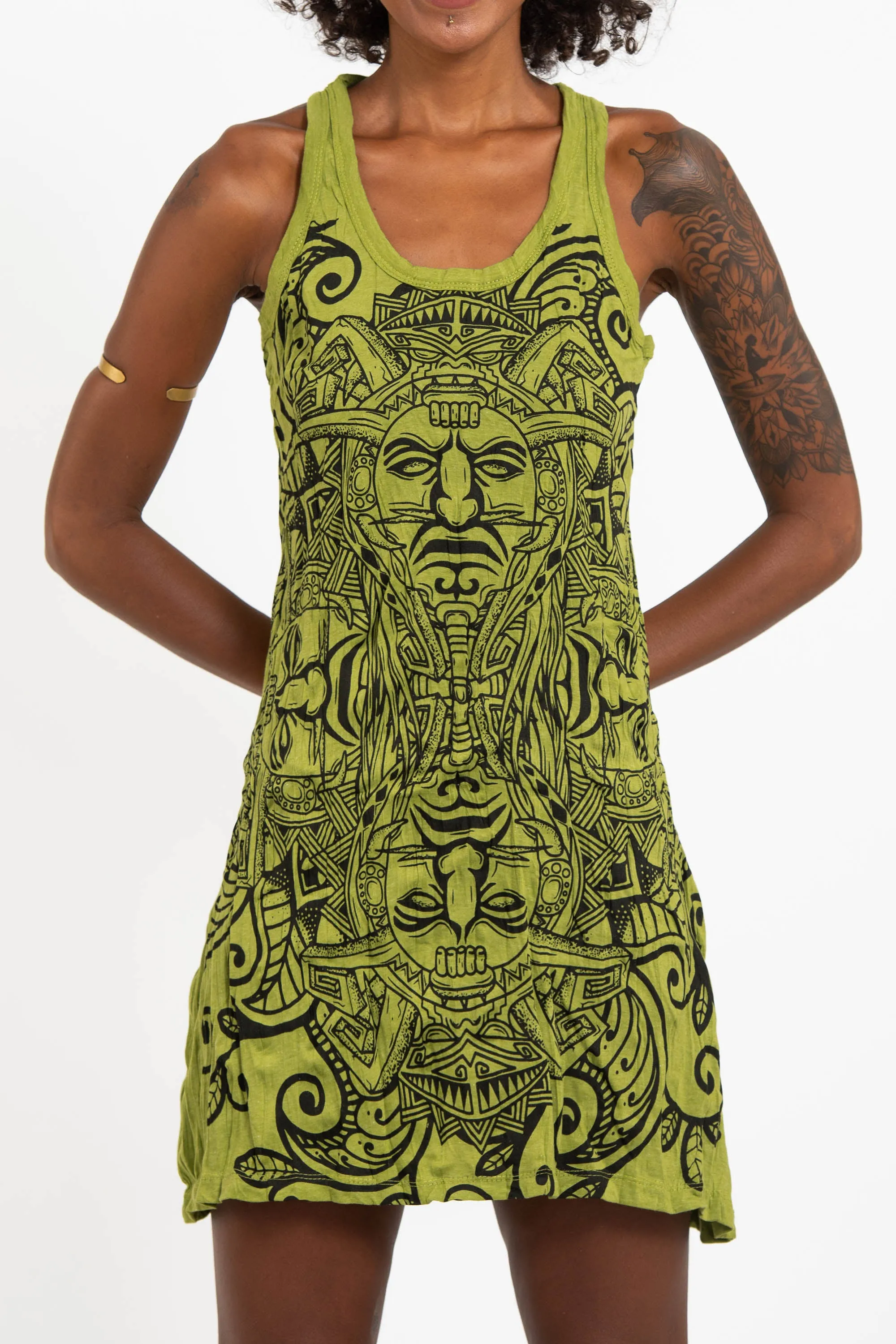 Womens Tribal Masks Tank Dress in Lime
