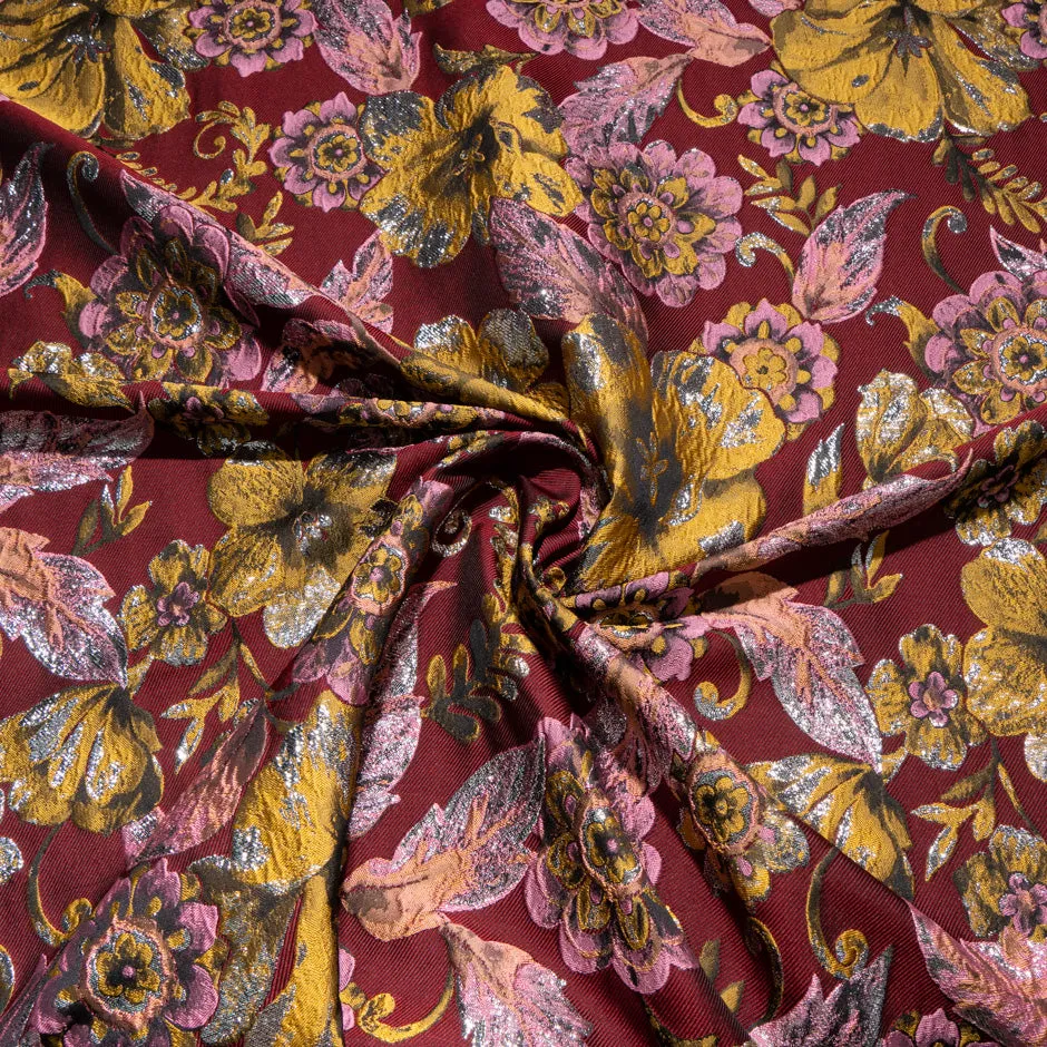 Yellow & Pink Floral Maroon Brocade