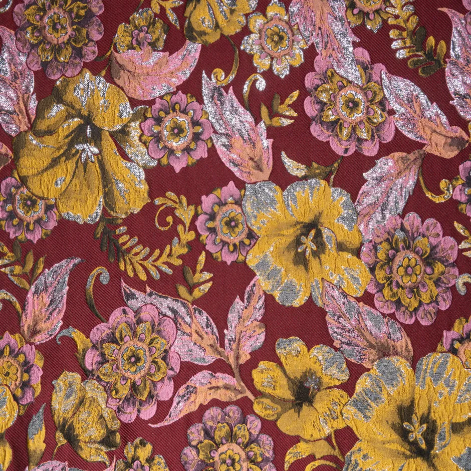 Yellow & Pink Floral Maroon Brocade