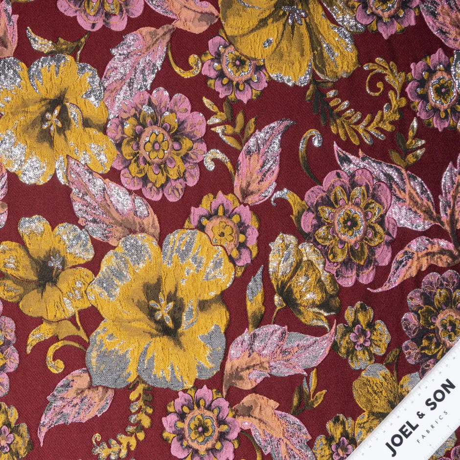 Yellow & Pink Floral Maroon Brocade